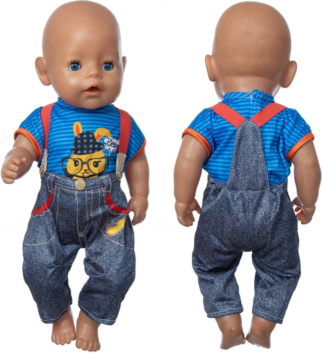 Dolldreams Poppenkleding jongen | Denim Broek met Bretels | Tuinbroeken shirt met konijn | geschikt voor poppen tot 43CM zoals Baby born